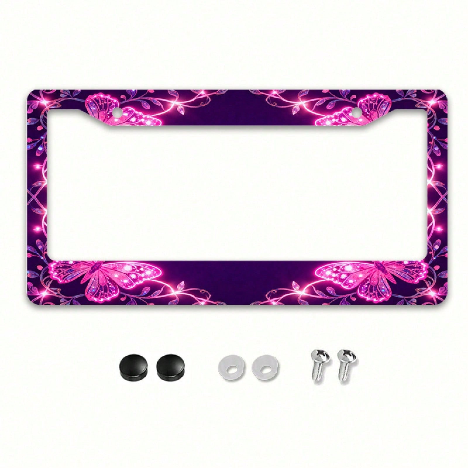 2D Flat 1pc License Plate Frame, Pink Butterflies And Glitter Lines Create A Dreamy Atmosphere, Suitable For North American And Most International Vehicles, Includes Mounting Screws, Secure Fit, UV-Re