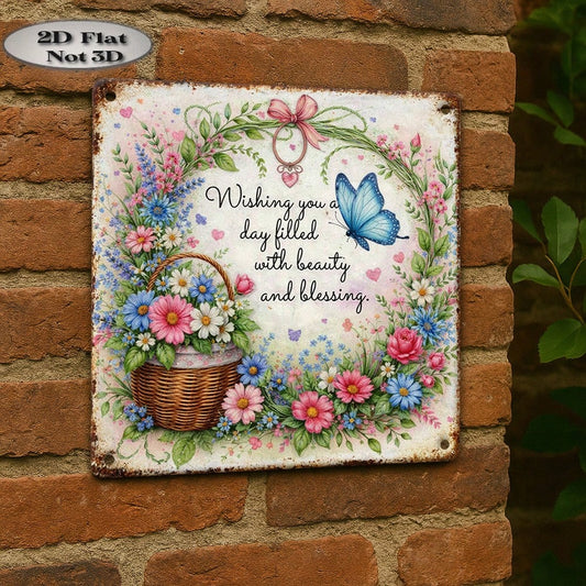 2D Flat, 1pc Vintage Sign, Outdoor Decorative Wall Plaque, Vintage Style, Meaning "Wishing You A Beautiful And Happy Day", Home Wall Decor Sign, Suitable For Bedroom, Living Room, Perfect Gift For Fri