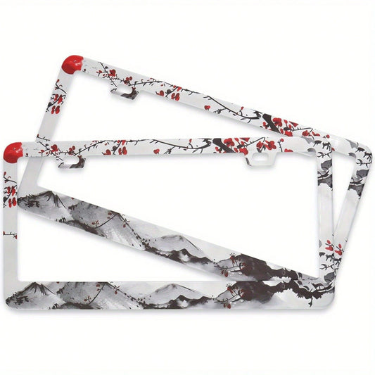 2D Flat Print Watercolor Cherry Blossom License Plate Frame Japanese Style Aluminum License Plate Cover Cherry Blossom Pattern 1 Piece Includes Screw Caps,Valentines Gift,Birthday Gifts,Carro,Car Deco