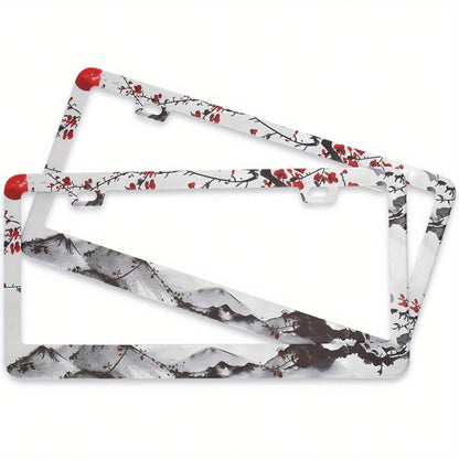 2D Flat Print Watercolor Cherry Blossom License Plate Frame Japanese Style Aluminum License Plate Cover Cherry Blossom Pattern 1 Piece Includes Screw Caps,Valentines Gift,Birthday Gifts,Carro,Car Deco