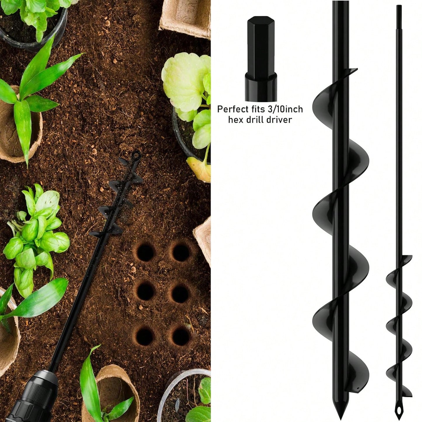 2PACK Auger Drill Bit For Planting 2x17.5inch Extended Length Garden Auger Spiral Drill Bit For Planting Bulbs Flowers,Post Hole Digger For 3/8"Hex Drill
