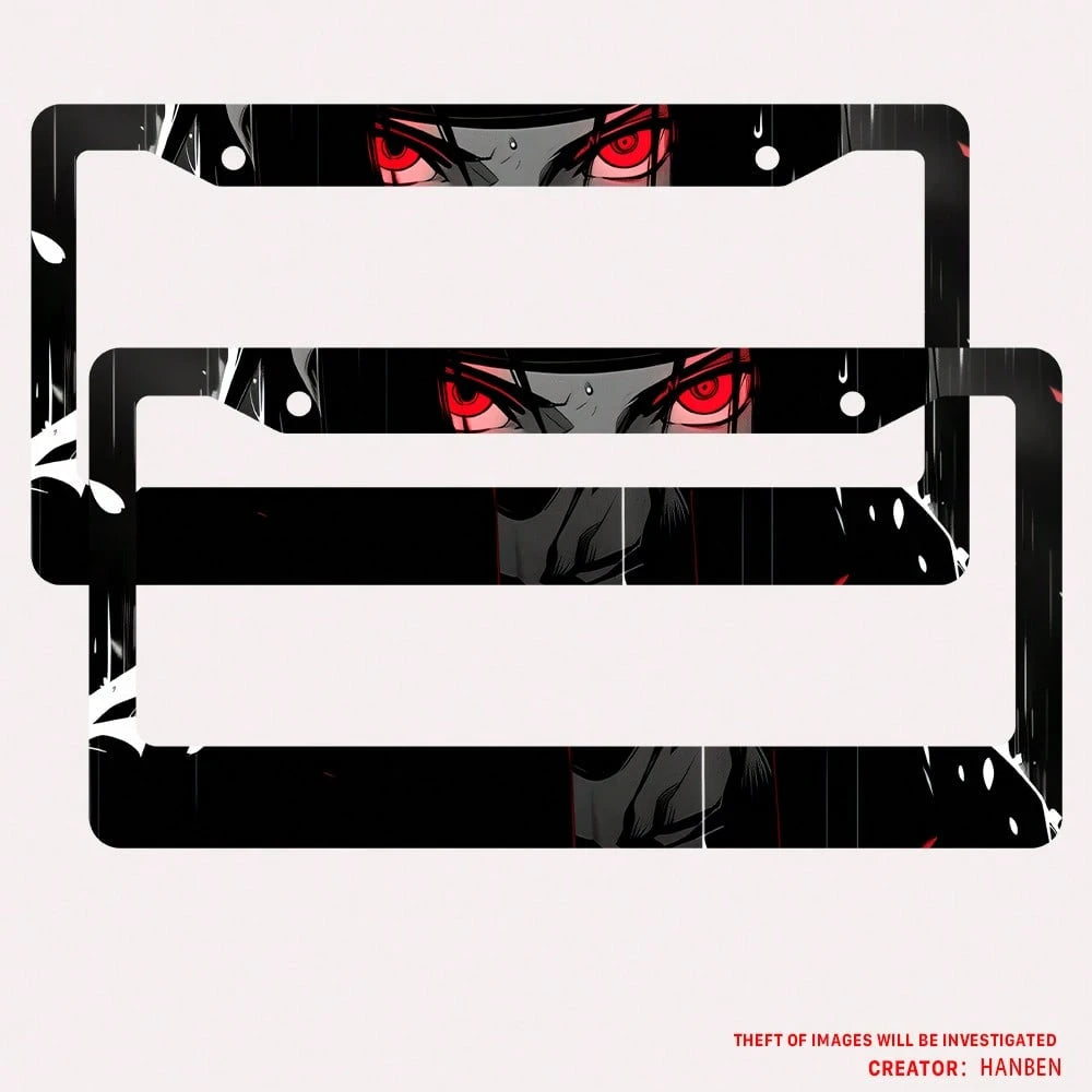2PC Black Red Anime Eyes 2-Hole License Plate Frame Aluminum Material 6x12 Inches With Screw Set Cartoon Interesting Car Decoration Standard US License Plate Size