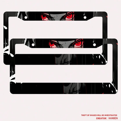 2PC Black Red Anime Eyes 2-Hole License Plate Frame Aluminum Material 6x12 Inches With Screw Set Cartoon Interesting Car Decoration Standard US License Plate Size