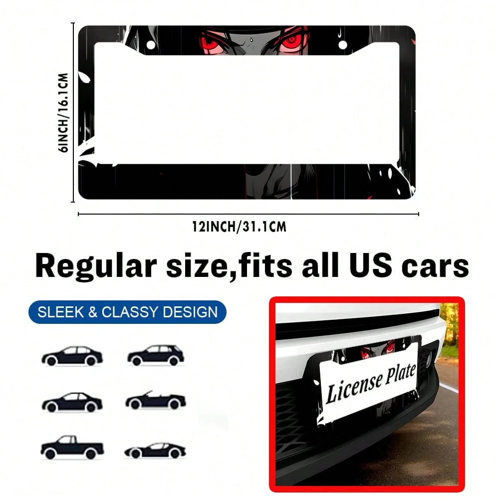2PC Black Red Anime Eyes 2-Hole License Plate Frame Aluminum Material 6x12 Inches With Screw Set Cartoon Interesting Car Decoration Standard US License Plate Size