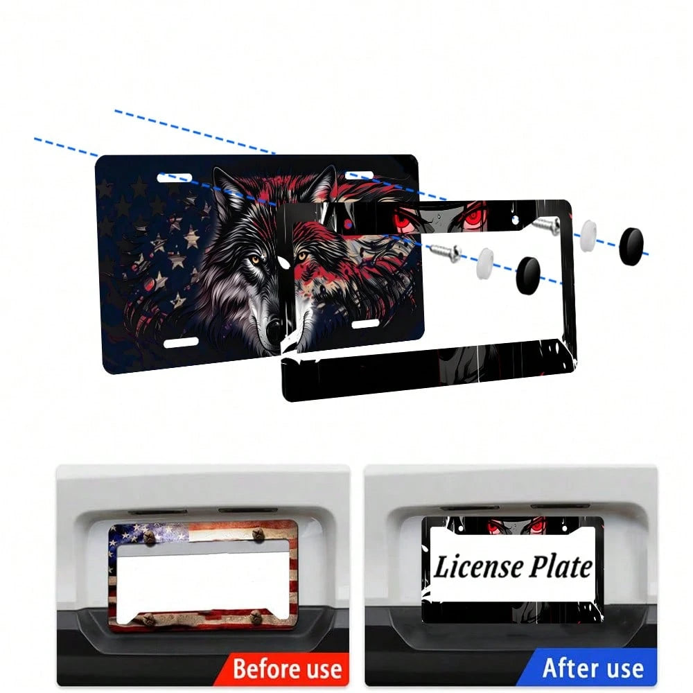 2PC Black Red Anime Eyes 2-Hole License Plate Frame Aluminum Material 6x12 Inches With Screw Set Cartoon Interesting Car Decoration Standard US License Plate Size