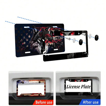 2PC Black Red Anime Eyes 2-Hole License Plate Frame Aluminum Material 6x12 Inches With Screw Set Cartoon Interesting Car Decoration Standard US License Plate Size
