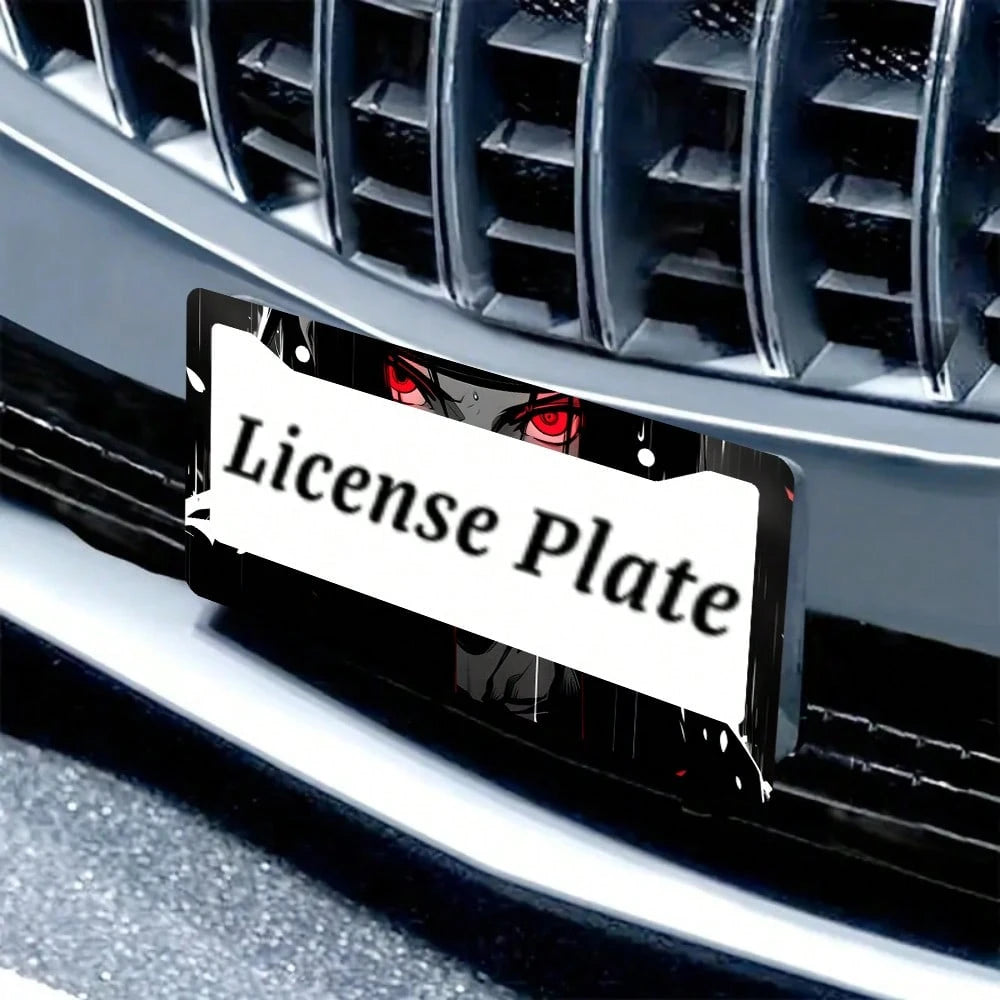 2PC Black Red Anime Eyes 2-Hole License Plate Frame Aluminum Material 6x12 Inches With Screw Set Cartoon Interesting Car Decoration Standard US License Plate Size