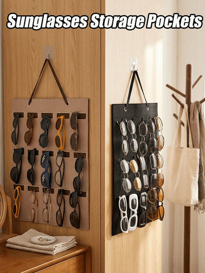 2pcs [1 Bag + 1 Hook] Felt Hanging Fashion Glasses Storage Bag, Multi-Compartment Storage Pocket, Door-Hanging Design, Space-Saving Wall-Mounted Storage Bag, Suitable For Glasses, Jewelry, Hair Access