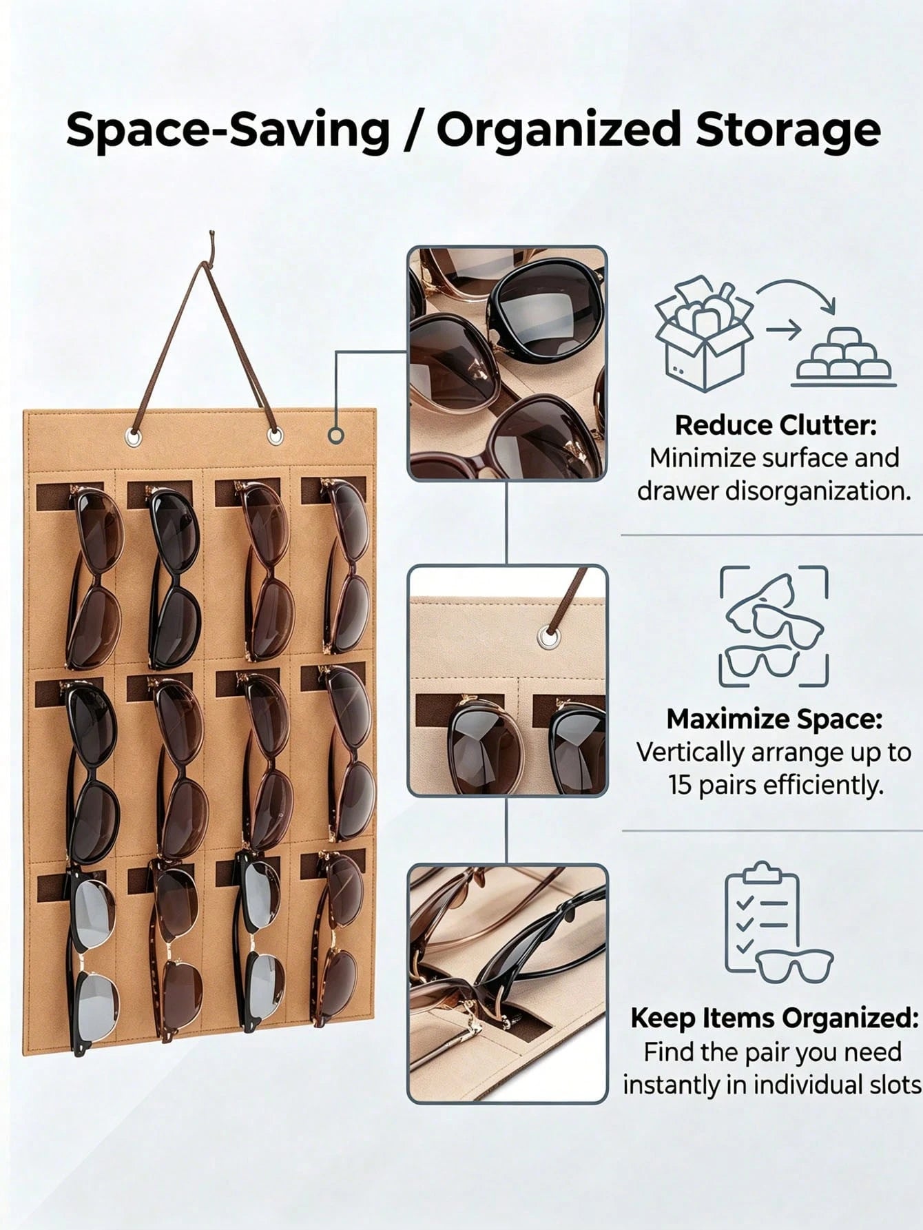 2pcs [1 Bag + 1 Hook] Felt Hanging Fashion Glasses Storage Bag, Multi-Compartment Storage Pocket, Door-Hanging Design, Space-Saving Wall-Mounted Storage Bag, Suitable For Glasses, Jewelry, Hair Access