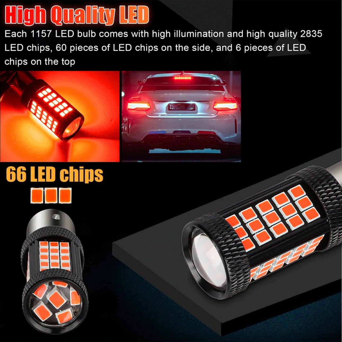 2PCS 1157 66LED Red Strobe Flashing Blinking Brake Stop Tail Parking Light Bulbs YFYW