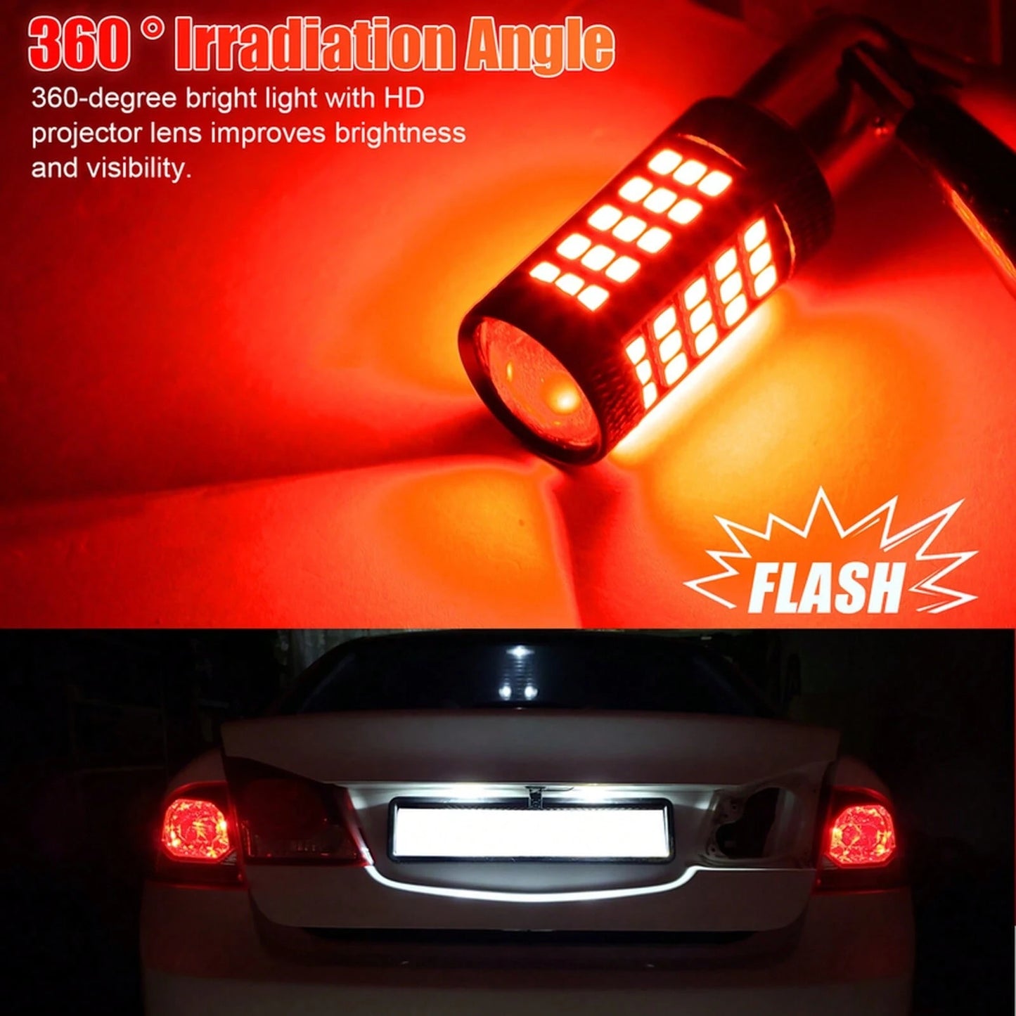 2PCS 1157 66LED Red Strobe Flashing Blinking Brake Stop Tail Parking Light Bulbs YFYW
