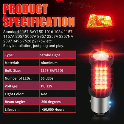 2PCS 1157 66LED Red Strobe Flashing Blinking Brake Stop Tail Parking Light Bulbs YFYW