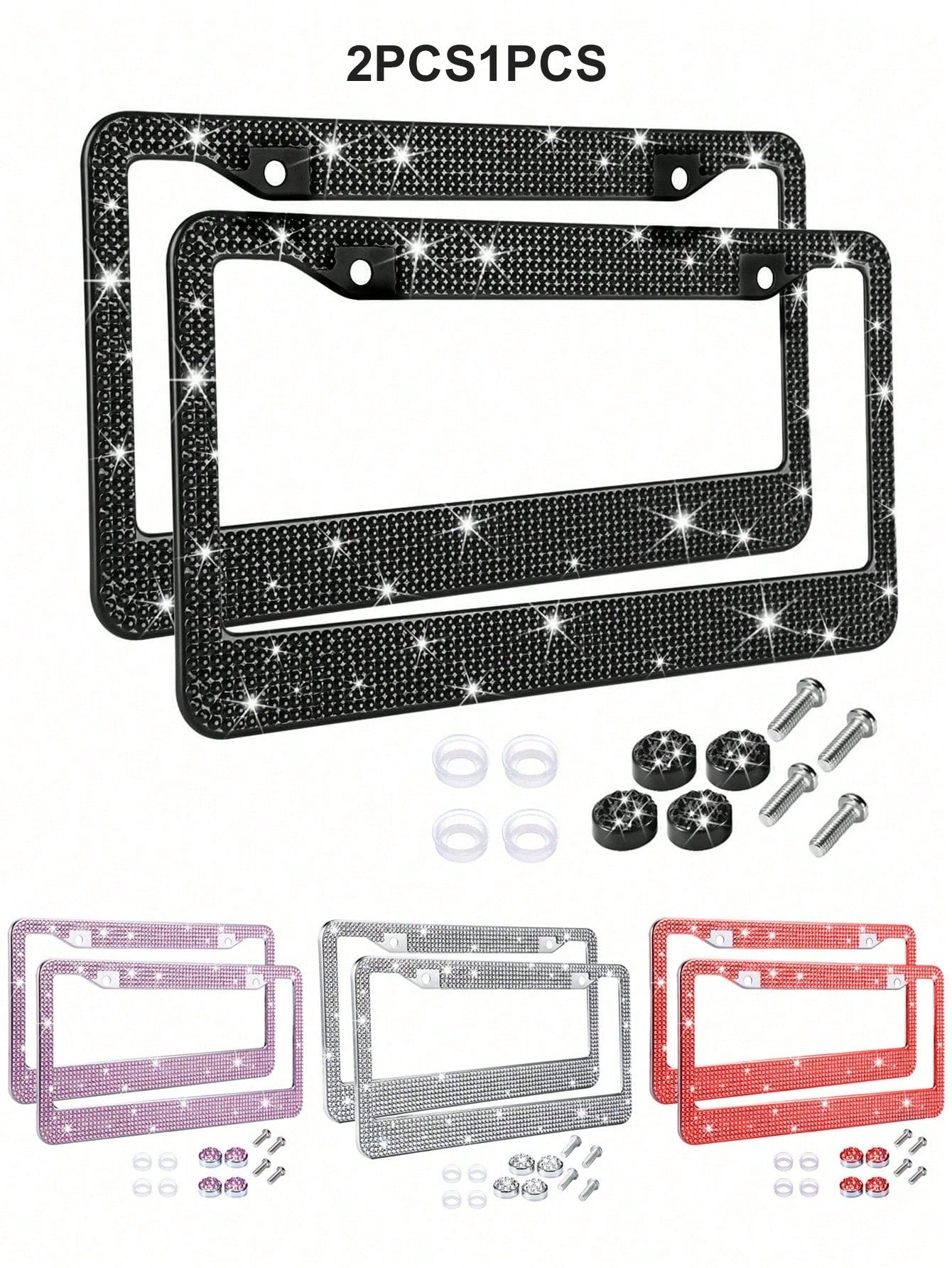 2pcs/1pc Sparkling License Plate Frame, Rhinestone Decorated Stainless Steel Shiny License Plate Frame, Suitable For Ladies And Girls