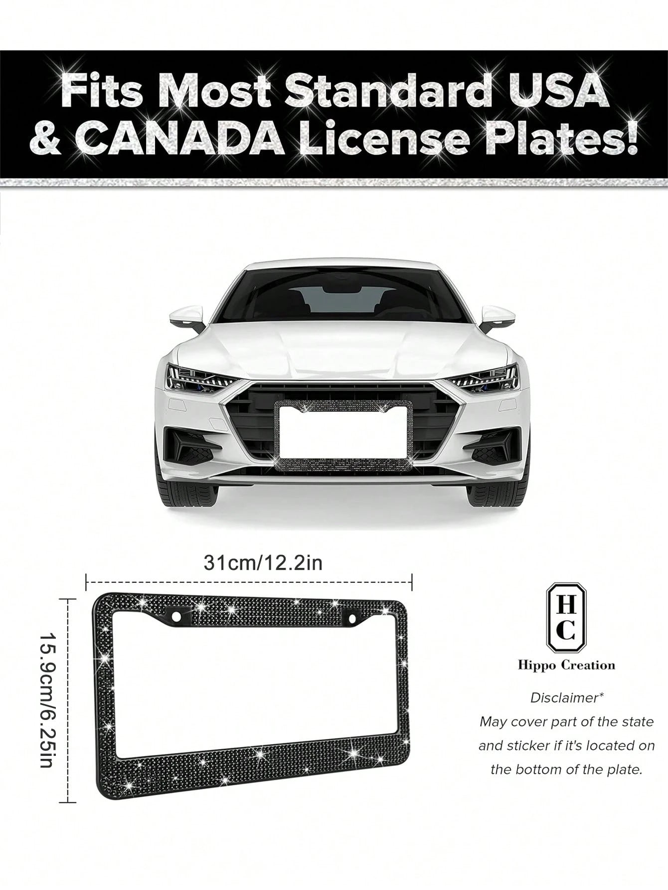 2pcs/1pc Sparkling License Plate Frame, Rhinestone Decorated Stainless Steel Shiny License Plate Frame, Suitable For Ladies And Girls