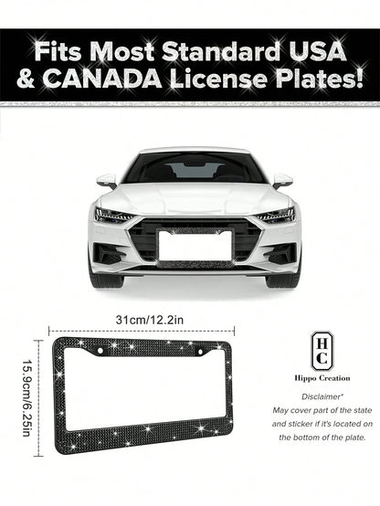 2pcs/1pc Sparkling License Plate Frame, Rhinestone Decorated Stainless Steel Shiny License Plate Frame, Suitable For Ladies And Girls