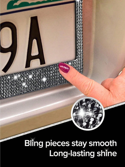 2pcs/1pc Sparkling License Plate Frame, Rhinestone Decorated Stainless Steel Shiny License Plate Frame, Suitable For Ladies And Girls