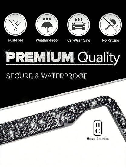 2pcs/1pc Sparkling License Plate Frame, Rhinestone Decorated Stainless Steel Shiny License Plate Frame, Suitable For Ladies And Girls