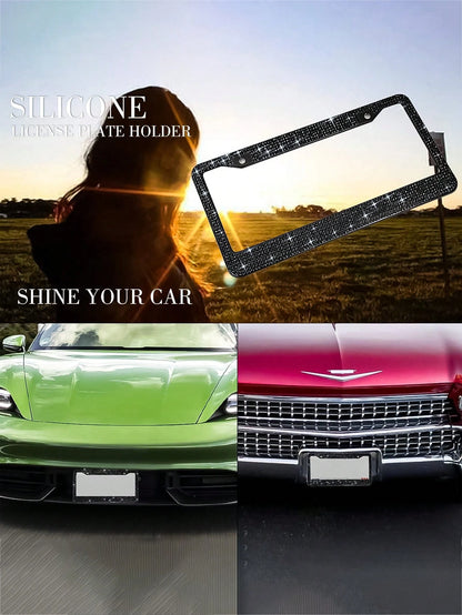2pcs/1pc Sparkling License Plate Frame, Rhinestone Decorated Stainless Steel Shiny License Plate Frame, Suitable For Ladies And Girls