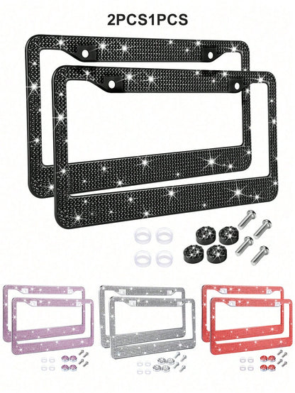 2pcs/1pc Sparkling License Plate Frame, Rhinestone Decorated Stainless Steel Shiny License Plate Frame, Suitable For Ladies And Girls