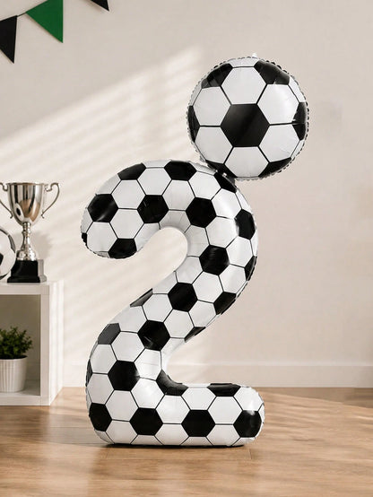 2pcs 40-Inch Football Pattern 0-9 Number Foil Balloons + 18-Inch Football Shaped Balloons, Suitable For Birthday Party, Football Theme, World Cup Decoration