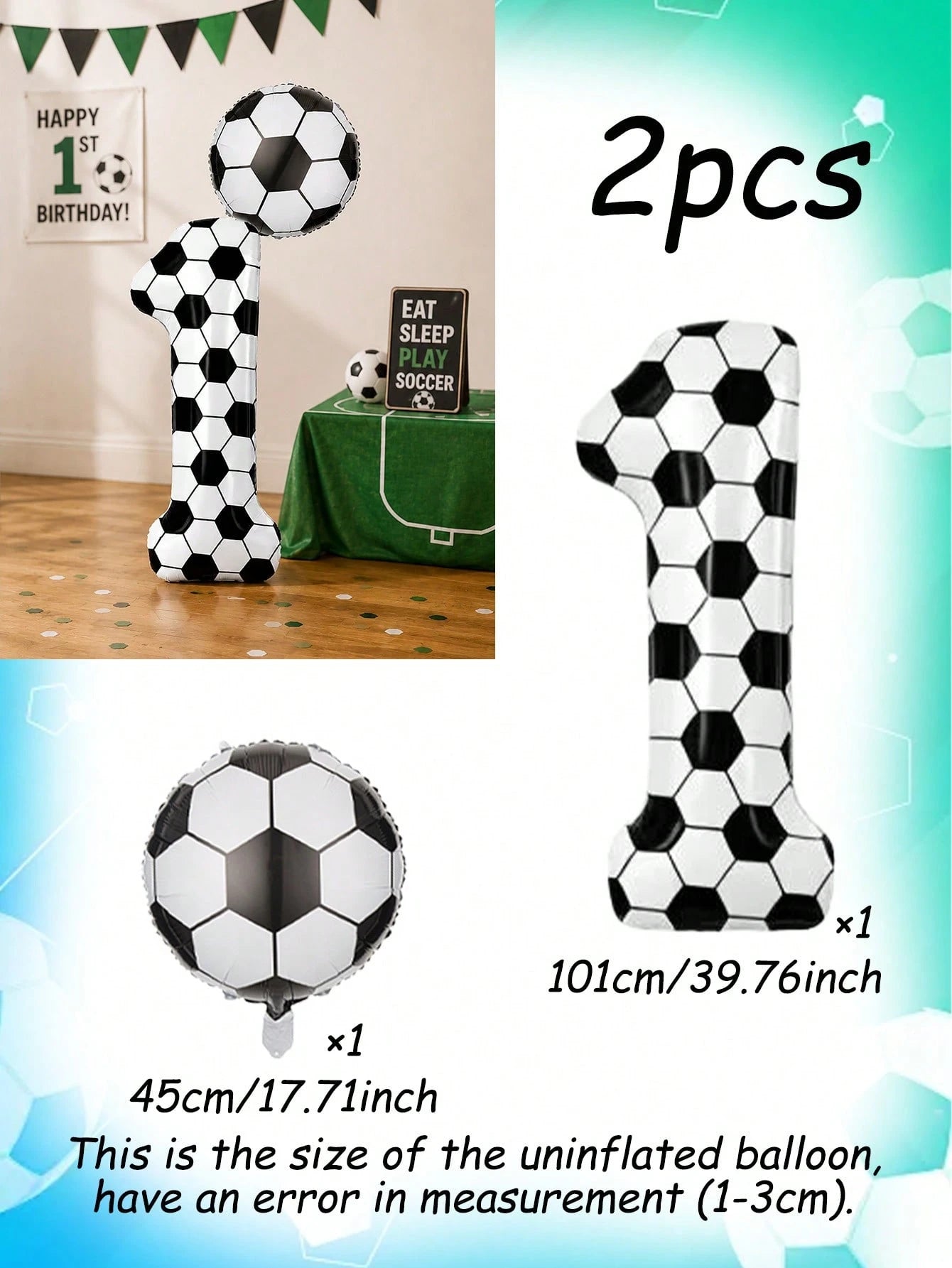 2pcs 40-Inch Football Pattern 0-9 Number Foil Balloons + 18-Inch Football Shaped Balloons, Suitable For Birthday Party, Football Theme, World Cup Decoration
