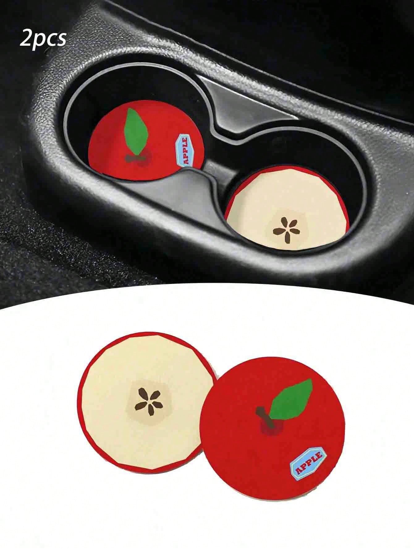 2pcs Apple-Shaped Car Cup Holder Anti-Slip Pads, Leather Material, Heat Resistant And Dirt-Proof, Universal Creative Car Interior Decoration Pads, Car Interior Decor