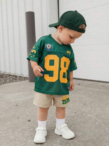 2pcs Baby Boy Fashionable Cute Sporty Jersey Short Sleeve T-Shirt Set, Suitable For Spring And Summer