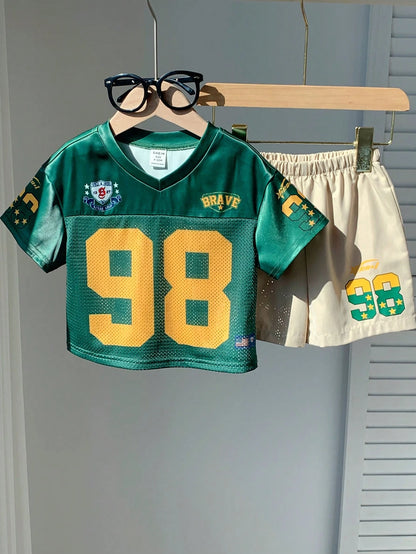 2pcs Baby Boy Fashionable Cute Sporty Jersey Short Sleeve T-Shirt Set, Suitable For Spring And Summer