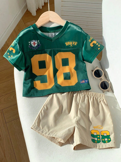 2pcs Baby Boy Fashionable Cute Sporty Jersey Short Sleeve T-Shirt Set, Suitable For Spring And Summer