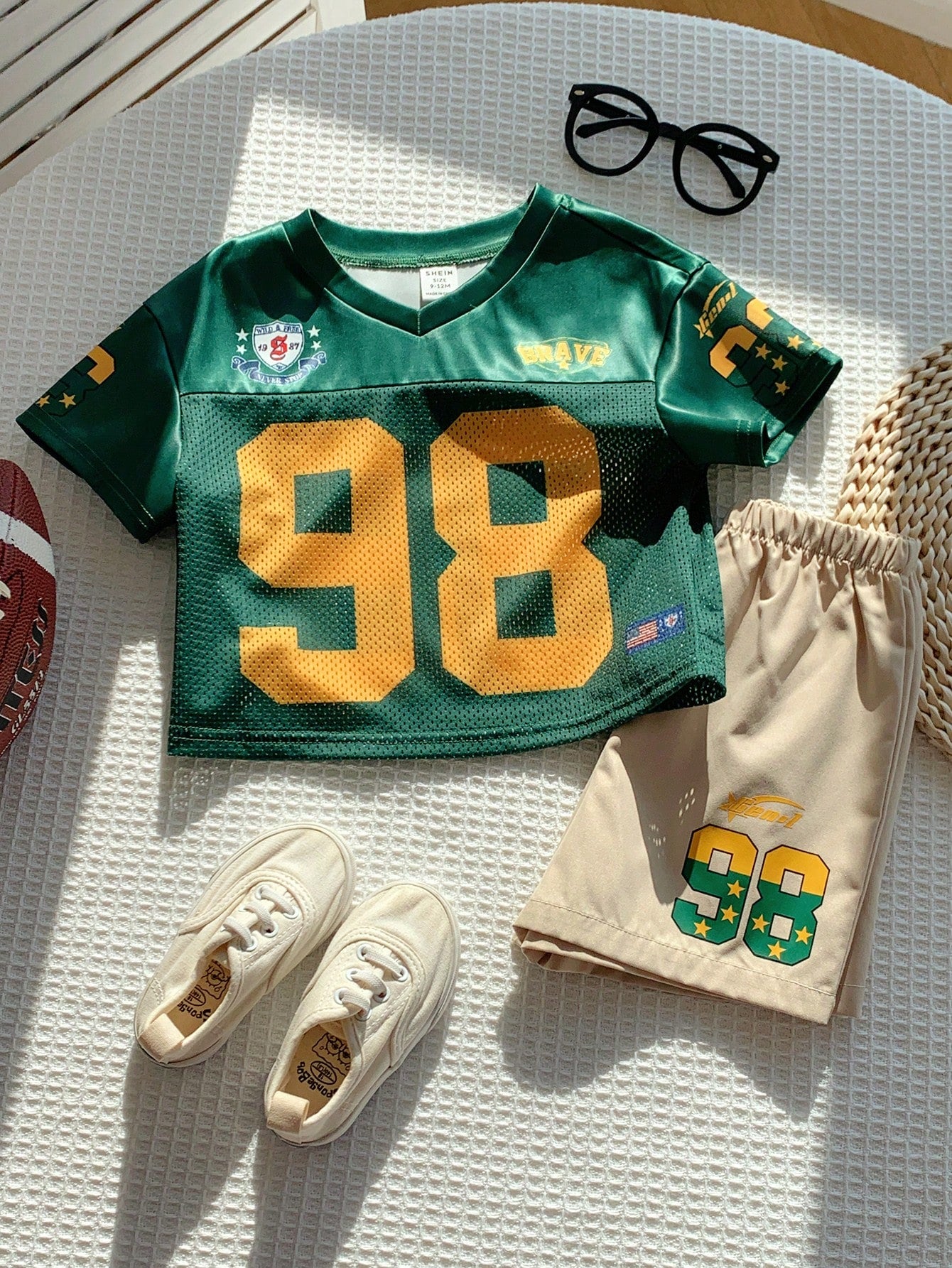 2pcs Baby Boy Fashionable Cute Sporty Jersey Short Sleeve T-Shirt Set, Suitable For Spring And Summer