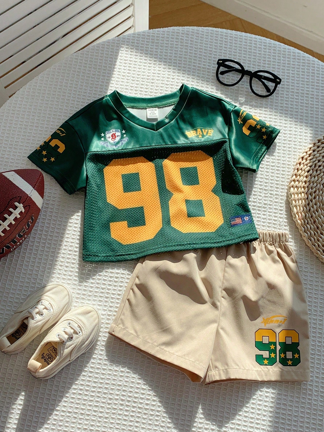 2pcs Baby Boy Fashionable Cute Sporty Jersey Short Sleeve T-Shirt Set, Suitable For Spring And Summer