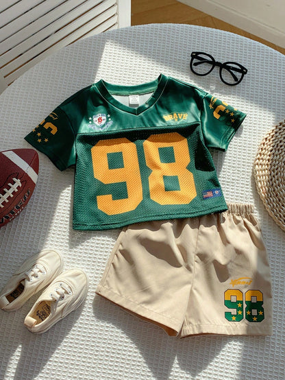 2pcs Baby Boy Fashionable Cute Sporty Jersey Short Sleeve T-Shirt Set, Suitable For Spring And Summer