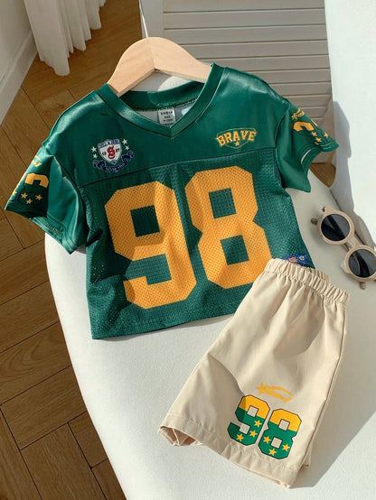 2pcs Baby Boy Fashionable Cute Sporty Jersey Short Sleeve T-Shirt Set, Suitable For Spring And Summer