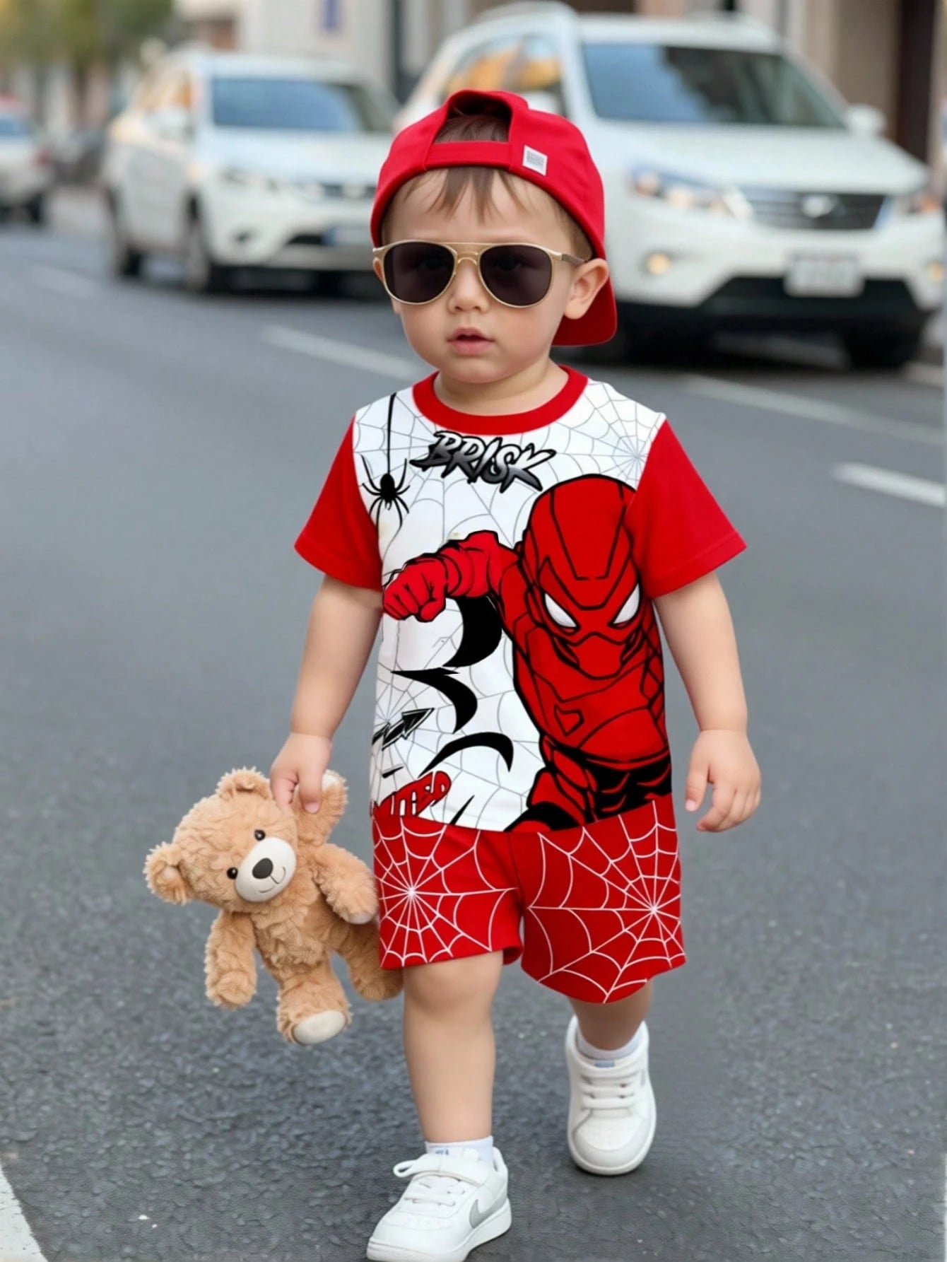 2pcs Baby Boy Red Summer Cute Cartoon Pattern Short Sleeve T-Shirt And Shorts Set,Toddler Boy Beach Outfit,Infant & Toddler Apparel For Daily Wear