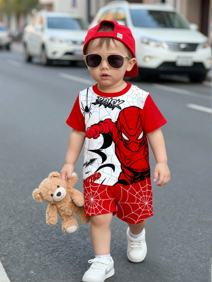 2pcs Baby Boy Red Summer Cute Cartoon Pattern Short Sleeve T-Shirt And Shorts Set,Toddler Boy Beach Outfit,Infant & Toddler Apparel For Daily Wear