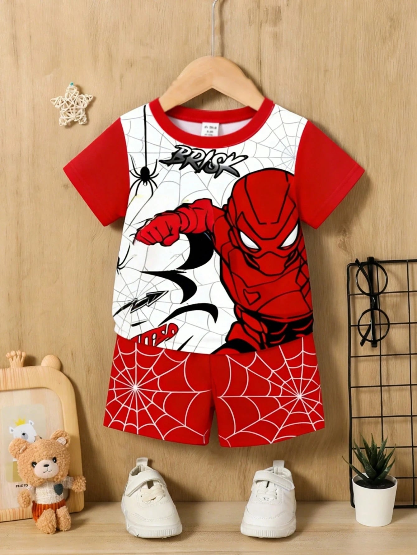 2pcs Baby Boy Red Summer Cute Cartoon Pattern Short Sleeve T-Shirt And Shorts Set,Toddler Boy Beach Outfit,Infant & Toddler Apparel For Daily Wear