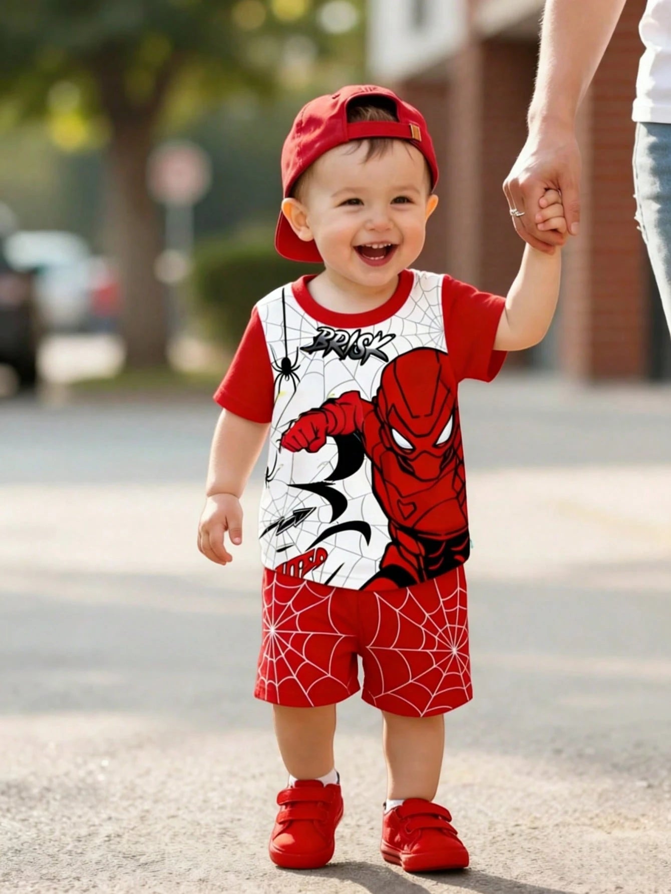 2pcs Baby Boy Red Summer Cute Cartoon Pattern Short Sleeve T-Shirt And Shorts Set,Toddler Boy Beach Outfit,Infant & Toddler Apparel For Daily Wear
