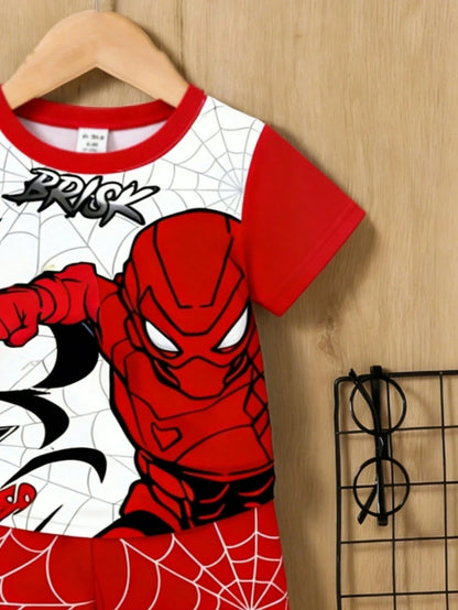 2pcs Baby Boy Red Summer Cute Cartoon Pattern Short Sleeve T-Shirt And Shorts Set,Toddler Boy Beach Outfit,Infant & Toddler Apparel For Daily Wear