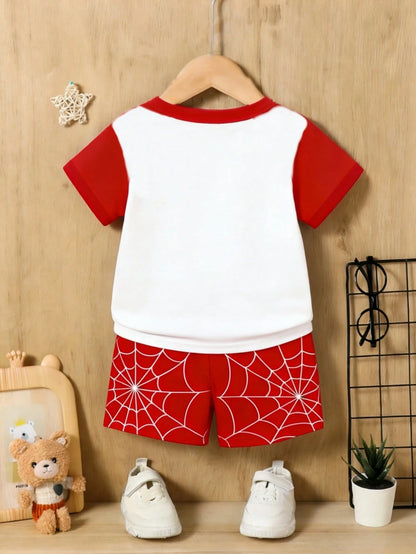 2pcs Baby Boy Red Summer Cute Cartoon Pattern Short Sleeve T-Shirt And Shorts Set,Toddler Boy Beach Outfit,Infant & Toddler Apparel For Daily Wear