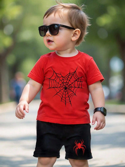 2pcs Baby Boy Red Summer Cute Cartoon Pattern Short Sleeve T-Shirt And Shorts Set,Toddler Boy Beach Outfit,Infant & Toddler Apparel For Daily Wear