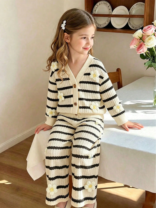 2pcs Baby Girl Striped 3D Floral Knit Long Sleeve Cardigan & Wide Leg Pants Set, Thin Spring/Autumn Mori Style Cute