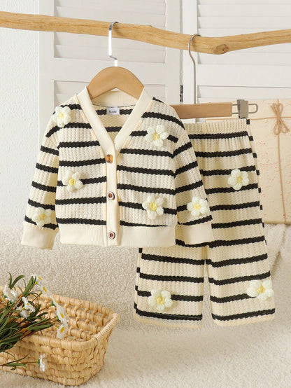 2pcs Baby Girl Striped 3D Floral Knit Long Sleeve Cardigan & Wide Leg Pants Set, Thin Spring/Autumn Mori Style Cute