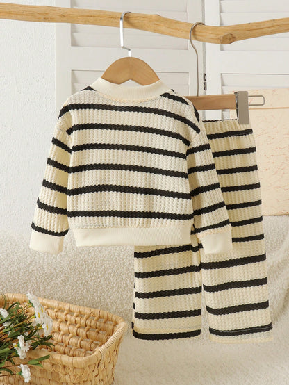 2pcs Baby Girl Striped 3D Floral Knit Long Sleeve Cardigan & Wide Leg Pants Set, Thin Spring/Autumn Mori Style Cute