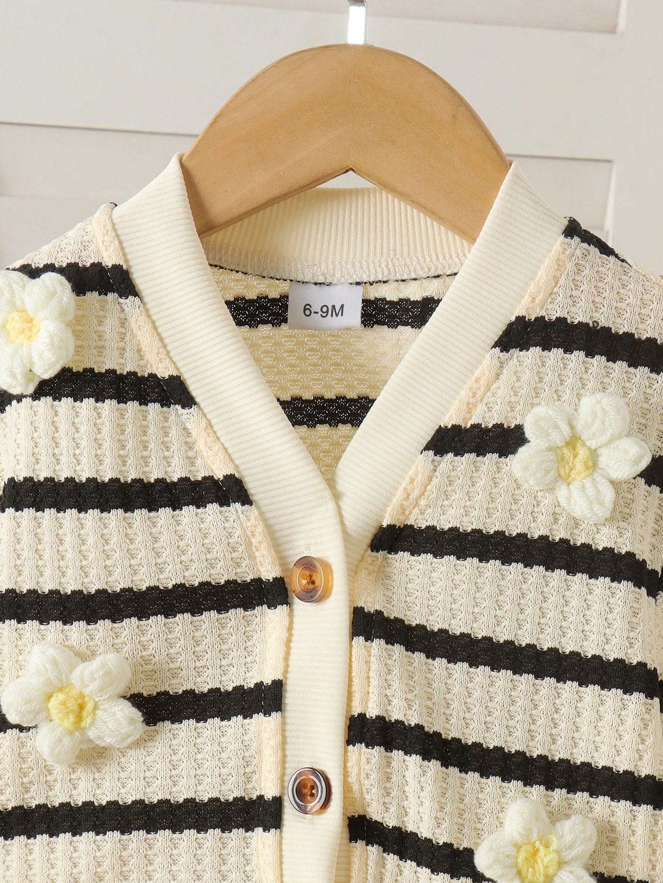 2pcs Baby Girl Striped 3D Floral Knit Long Sleeve Cardigan & Wide Leg Pants Set, Thin Spring/Autumn Mori Style Cute