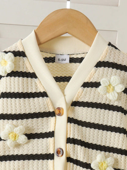 2pcs Baby Girl Striped 3D Floral Knit Long Sleeve Cardigan & Wide Leg Pants Set, Thin Spring/Autumn Mori Style Cute