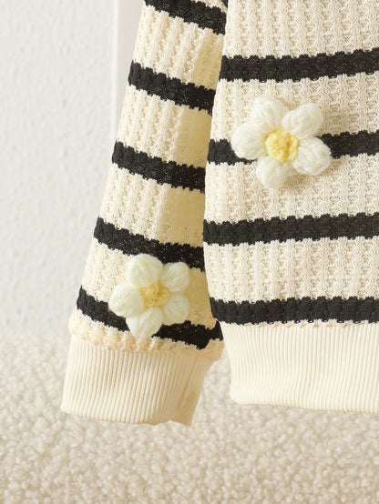 2pcs Baby Girl Striped 3D Floral Knit Long Sleeve Cardigan & Wide Leg Pants Set, Thin Spring/Autumn Mori Style Cute