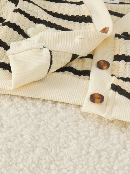 2pcs Baby Girl Striped 3D Floral Knit Long Sleeve Cardigan & Wide Leg Pants Set, Thin Spring/Autumn Mori Style Cute