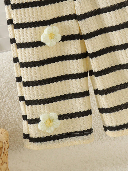 2pcs Baby Girl Striped 3D Floral Knit Long Sleeve Cardigan & Wide Leg Pants Set, Thin Spring/Autumn Mori Style Cute