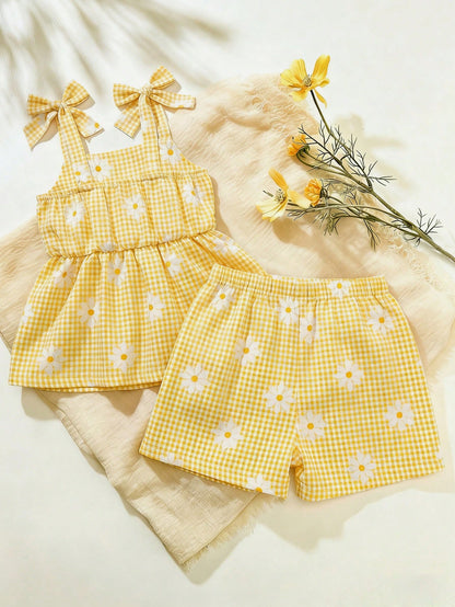 2pcs Baby Girl Toddler/Newborn 0-3Y Casual Everyday Cute Vacation Striped Bow Decor Camisole Top + Shorts Set, Spring/Summer