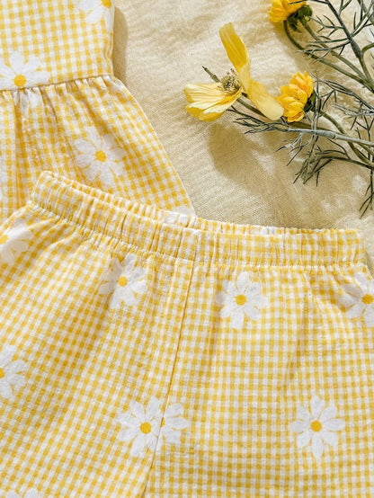 2pcs Baby Girl Toddler/Newborn 0-3Y Casual Everyday Cute Vacation Striped Bow Decor Camisole Top + Shorts Set, Spring/Summer